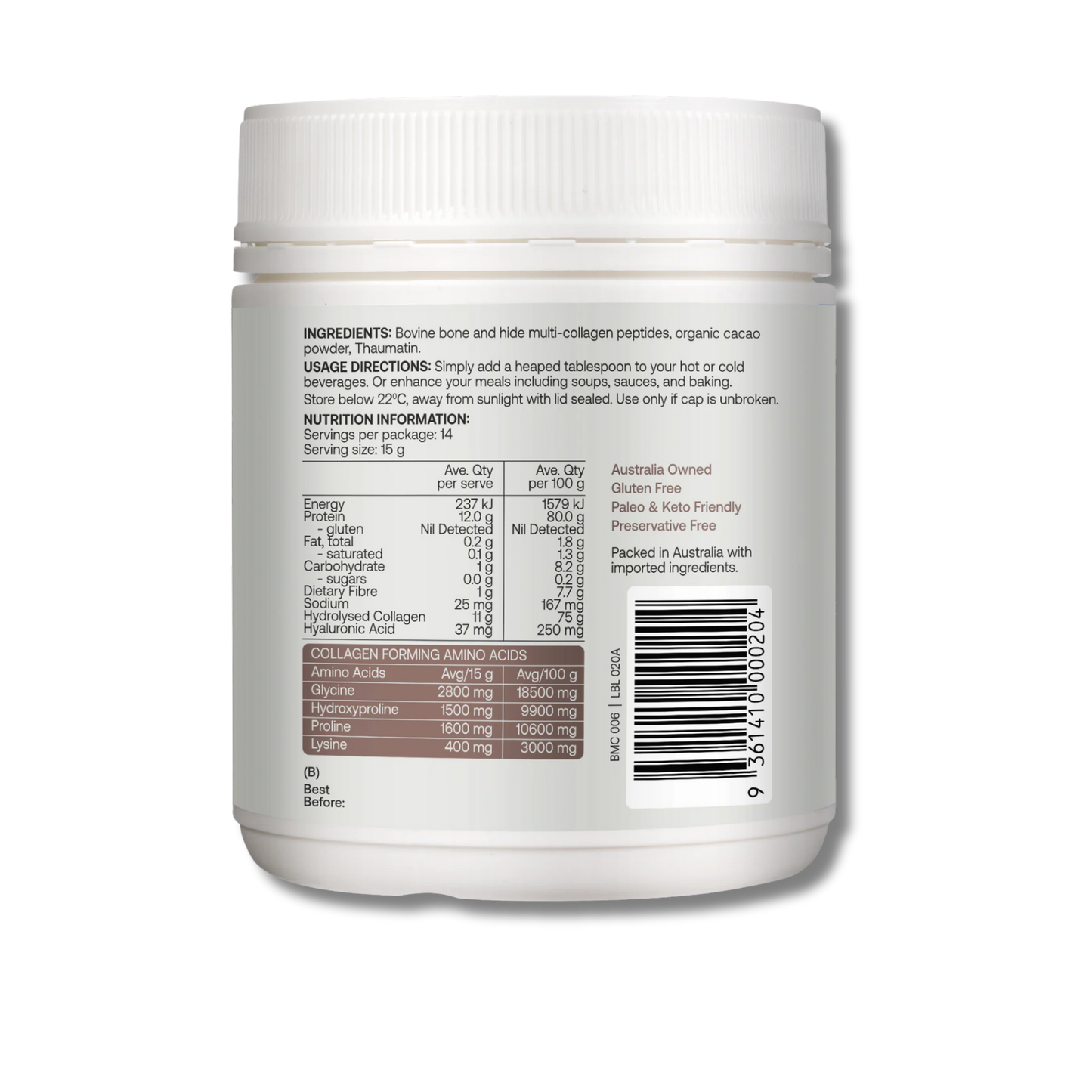 Best of the Bone Multi Collagen Protein Powder Organic Dark Cacao 210g