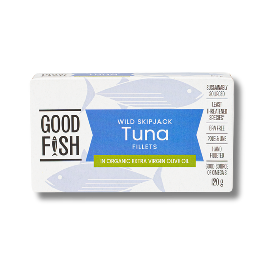 Good Fish Skipjack Tuna in Extra Virgin Organic Olive Oil 120g